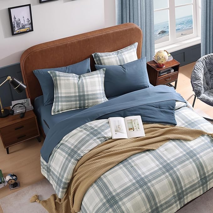 Blue King Size Comforter Set, Plaid King Bed Sets for Boys & Girls,Classic Homestead-Style King Sized Comforter Bedding Set with Sheets and Comforter Sets
