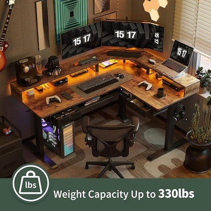 FEZIBO 63" L Shaped Standing Desk with LED Strip, Electric Triple Motor Sit Stand up Corner Desk Height Adjustable with Monitor Stand & Shelves, 2 Drawers, Ergonomic Home Office Desk, Rustic Brown