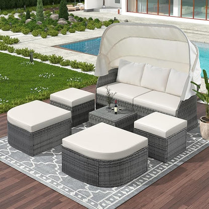 Rectangle Furniture Daybed Sunbed with Retractable Canopy, Outdoor Wicker Conversation Set with Cushions for Patio, Backyard, Porch, Garden, Hc-Beige