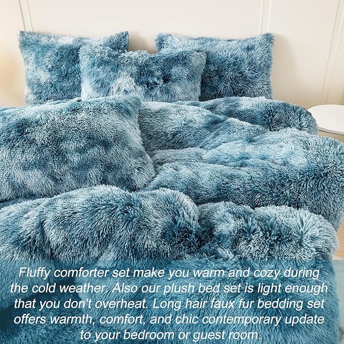 WINLIFE Shaggy Bedding Comforter Set Full Blue Faux Fur Flannel Furry Comforter Plush Comforter Sets Gradient Ombre Tie Dye Bedding for Teens Adults (3Pcs, Full, Smoke Blue)