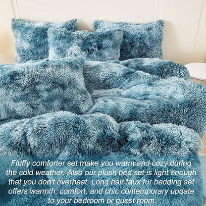 WINLIFE Shaggy Bedding Comforter Set Full Blue Faux Fur Flannel Furry Comforter Plush Comforter Sets Gradient Ombre Tie Dye Bedding for Teens Adults (3Pcs, Full, Smoke Blue)
