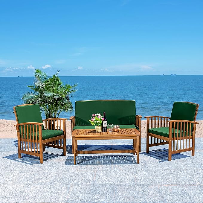 SAFAVIEH Outdoor Collection Rocklin Natural/ Green Cushion 4-Piece Conversation Patio Set