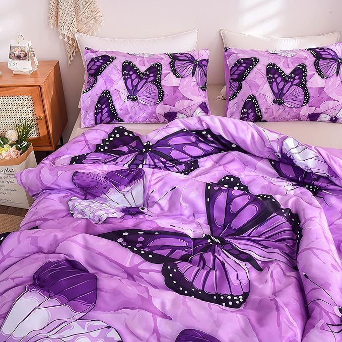Btargot 3 Piece Purple Butterfly Girls Kids Adults Full Size Comforter Set, Lightweight Soft All Season Bedding Set with 2 Pillowcases