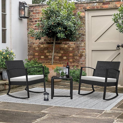 Greesum 3 Pieces Outdoor Furniture Set Patio Bistro Rocking Chairs with Glass Coffee Table for Pool Beach Backyard Balcony Porch Deck Garden, Gray