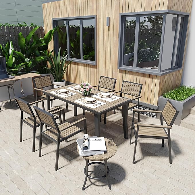 Pamapic 8-Piece Patio Dining Set，Outdoor Aluminum Furniture Set with Plastic-Wood Table Top,Outdoor Furniture Set with 6 Outdoor Stackable Chairs for Patio Garden Poolside (Black)