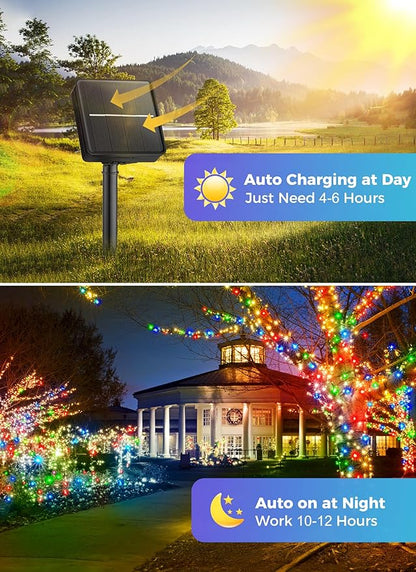 Minetom Christmas Lights Outdoor Solar Powered - 72FT 200 LED Christmas String Lights with 8 Lighting Modes, IP65 Waterproof Solar String Lights for Outside Tree Xmas Party Decoration, Multicolor