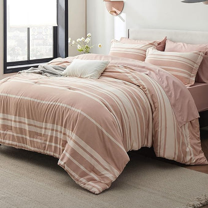 Bedsure Bed in a Bag Full Size 7 Pieces, Dusty Pink White Striped Bedding Comforter Sets All Season Bed Set, 2 Pillow Shams, Flat Sheet, Fitted Sheet and 2 Pillowcases