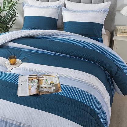 Andency Stripe Comforter Set Full Size (79x90 Inch), 3 Pieces Navy Patchwork Striped Comforter, Soft Microfiber Down Alternative Comforter Bedding Set with Corner Loops