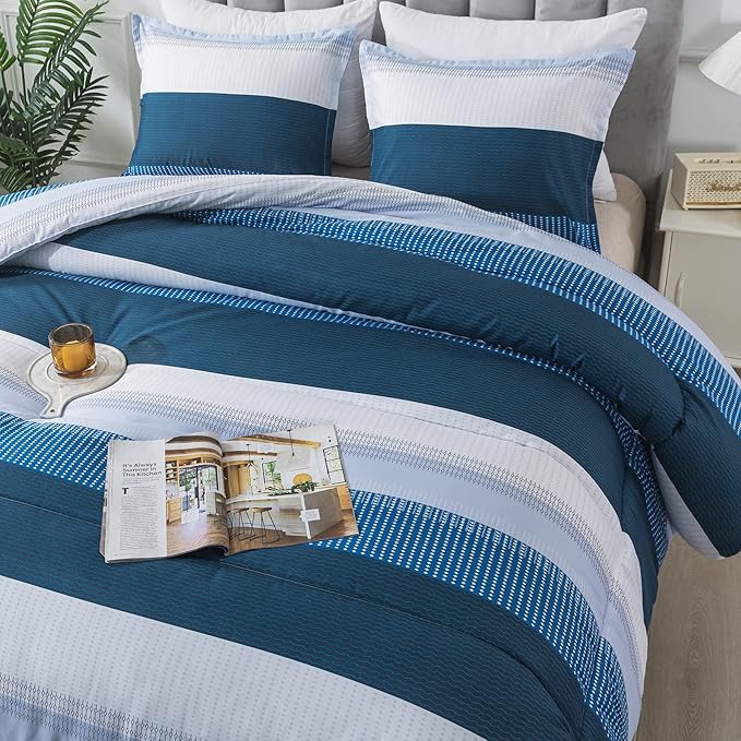 Andency Stripe Comforter Set King Size (104x90 Inch), 3 Pieces Navy Patchwork Striped Comforter, Soft Microfiber Down Alternative Comforter Bedding Set with Corner Loops