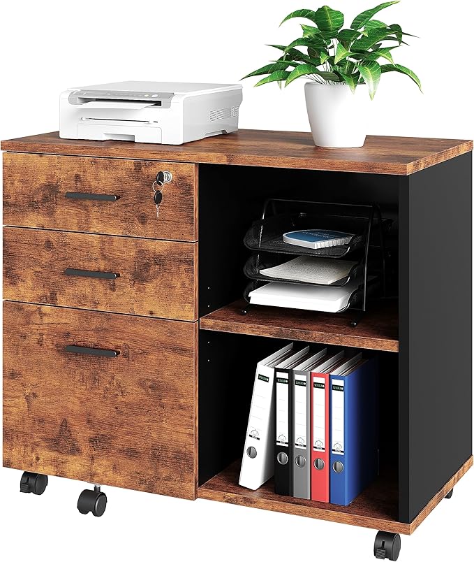 Wood File Cabinet, 3 Drawer Mobile Lateral Filing Cabinet On Wheels, Printer Stand with Open Storage Shelves for Home Office (Wood)