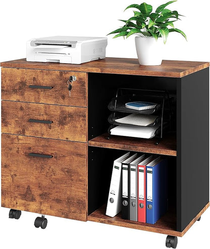 Wood File Cabinet, 3 Drawer Mobile Lateral Filing Cabinet On Wheels, Printer Stand with Open Storage Shelves for Home Office (Wood)