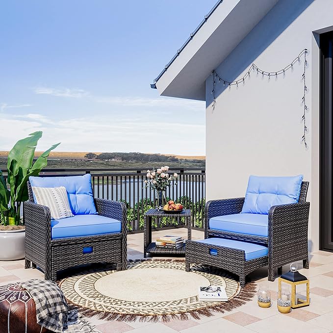 Pamapic 5 Pieces Wicker Patio Furniture Set Outdoor Patio Chairs with Ottomans Conversation Furniture with coffetable for Poorside Garden Balcony(Blue Cushion + Black Rattan)…