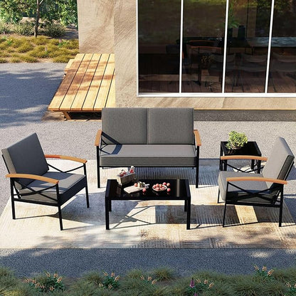 Shintenchi 5 Piece Outdoor Patio Furniture Set, Metal Sofa Conversation Set, including Loveseat, Two Single Chairs and Two Coffee Tables for Backyard, Patio, Balcony, Poolside (Dark Grey)