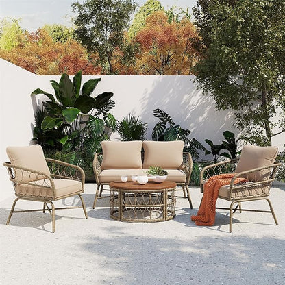 Merax Outdoor Patio Furniture Sets, Bohemia-Inspired Wicker Conversation Seating Group, with Soft Cushions and Wood Tabletop, 4 PCS, Beige