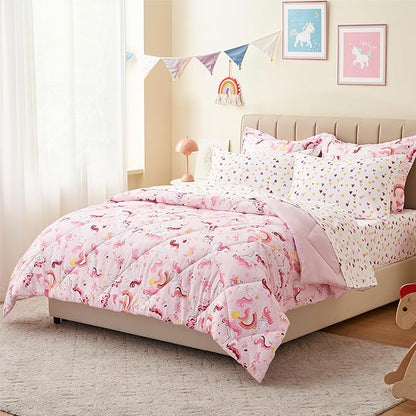 Twin Unicorn Kids Bedding Set for Girls, 7 Pieces Super Soft Lightweight Microfiber Comforter Set with Sheets, Bed in a Bag, Durable Children Bed Set