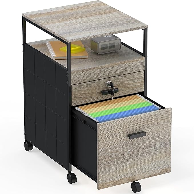 SHW Rolling File Cabinet w/ 2 Drawers & Open Shelf, Maple