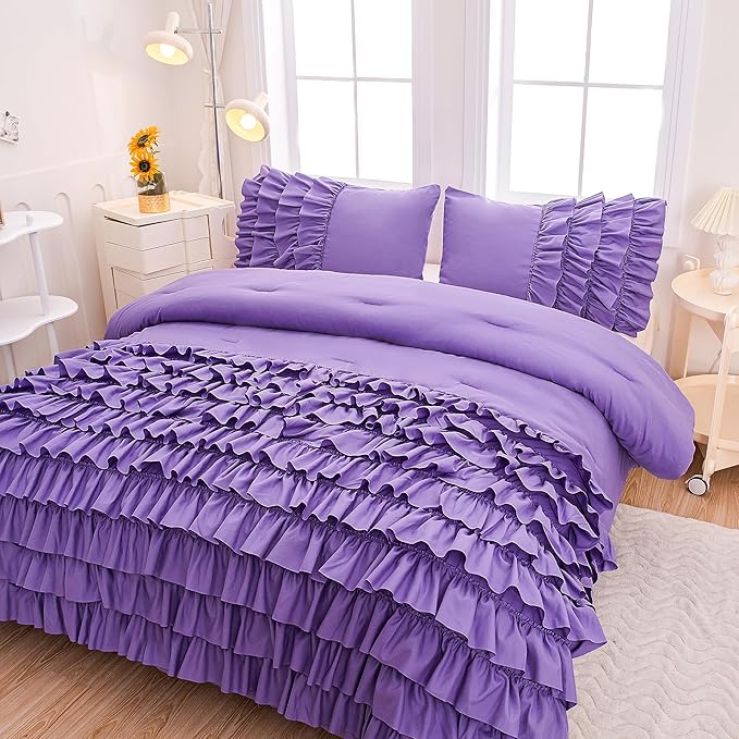 Full Size Comforter Set for Girls, Purple Ruffle Bedding Set Full, 5 Pcs Bed in a Bag for Girls, Purple Comforter Sets Full with 1 Fitted Sheets, 1 Flat Sheet, 1 Comforter, 2 Pillowcases