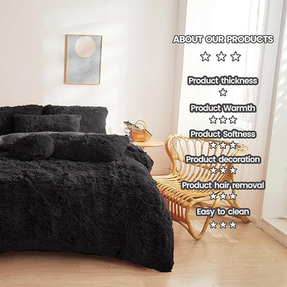 Fluffy black comforters Cover twin size - Ultra Soft Plush black bedding Sets 2 Pieces (1 faux fur comforter Cover + 1 fuzzy pillow case) girls shaggy black twin bed set (Black, Twin)