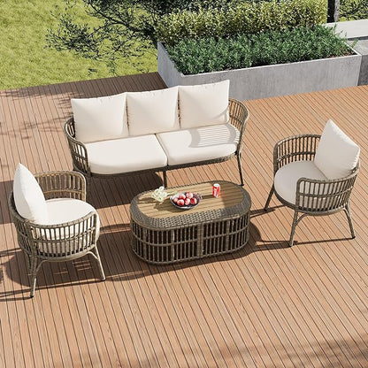 Furniture 4-Piece Outdoor Patio Conversation Seating for 5 Person and Coffee Table, Rattan Chair Wicker Sofa Bistro Sets for Porch, Backyard and Garden, Brown