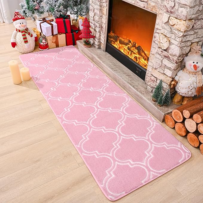 Chicrug Shag Geometric Modern Runner Rug for Bedroom, 2x6 Feet Memory Foam Indoor Hallway Runner Carpet, Fluffy Rug for Living Room Bedside Room Decor for Family, Pink/White