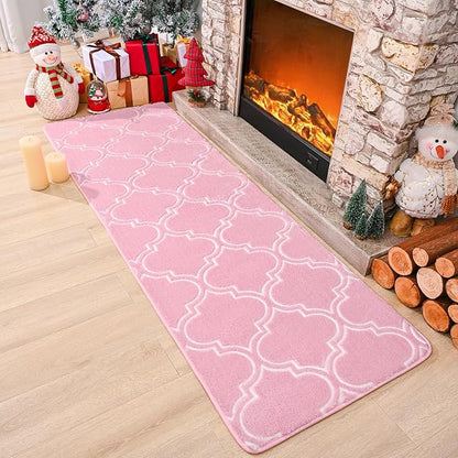 Chicrug Shag Geometric Modern Runner Rug for Bedroom, 2x6 Feet Memory Foam Indoor Hallway Runner Carpet, Fluffy Rug for Living Room Bedside Room Decor for Family, Pink/White