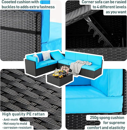 Pamapic Patio Furniture Set, 7 Pieces Modular Outdoor Sectional, Patio Sectional Sofa Conversation Set, Rattan Sofa with Coffee Table and Washable Cushions Covers, Black Rattan and Blue Cushions