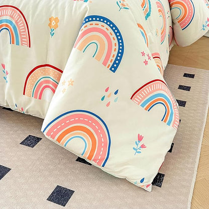 Btargot Lightweight Soft 3 Piece Rainbow Comforter Set with 2 Pillow Covers, Cartoon Love Hearts Flowers and Grass Bedding Set for Girls Boys Kids, Queen Multi-Color