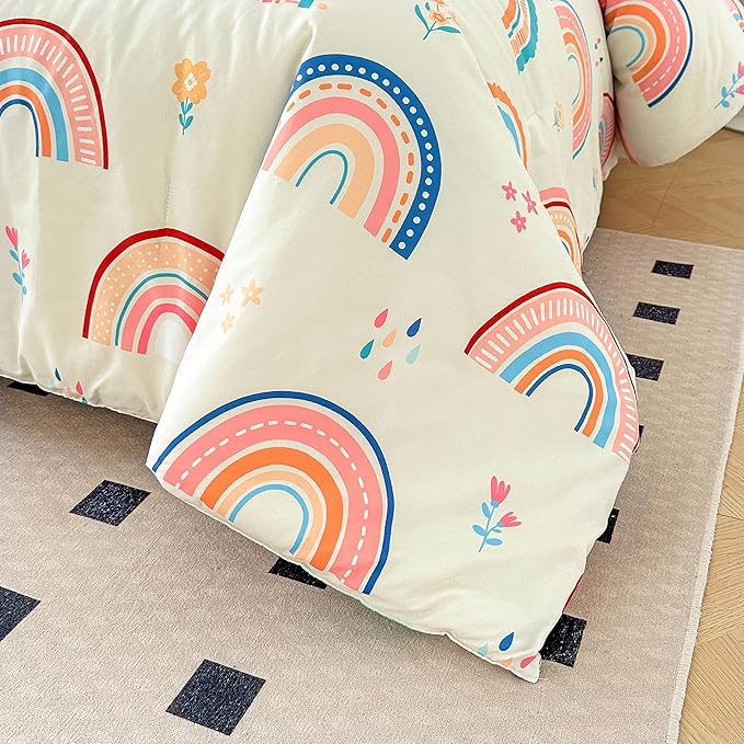 Btargot Lightweight Soft 3 Piece Rainbow Comforter Set with 2 Pillow Covers, Cartoon Love Hearts Flowers and Grass Bedding Set for Girls Boys Kids, Twin Multi-Color