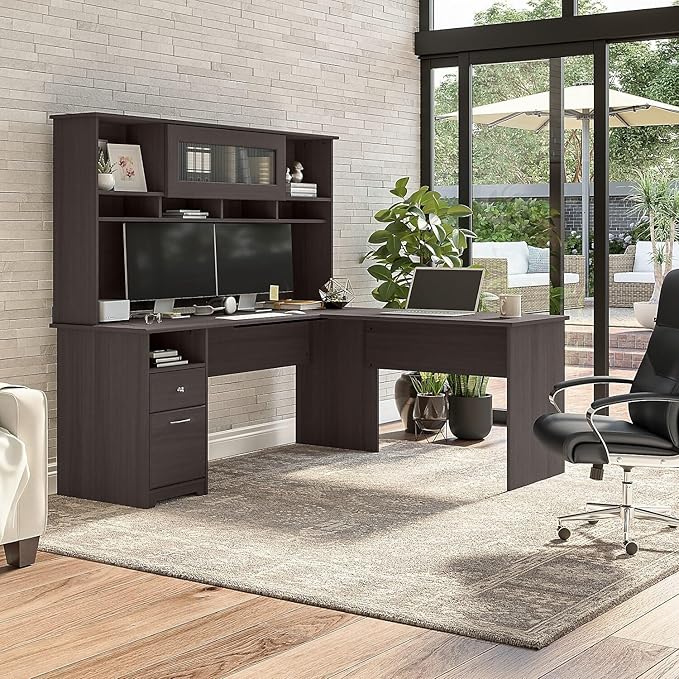 Bush Furniture Cabot Desks for Home Office with Storage and Chrome Hardware | Elegant Computer Table with Drawers, 72W, Heather Gray