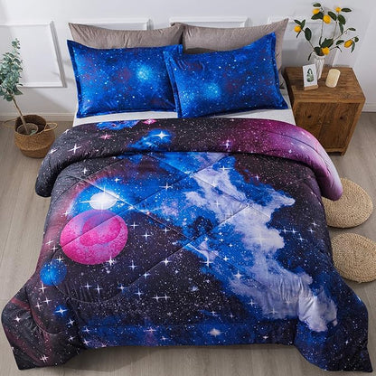Litanika 3D Galaxy Comforter Twin(66x90lnch), 2 Pieces(1 Galaxy Comforter, 1 Pillowcase), Universe Cloud Outer Space Comforter, Microfiber Bedding Set for Boys Kids