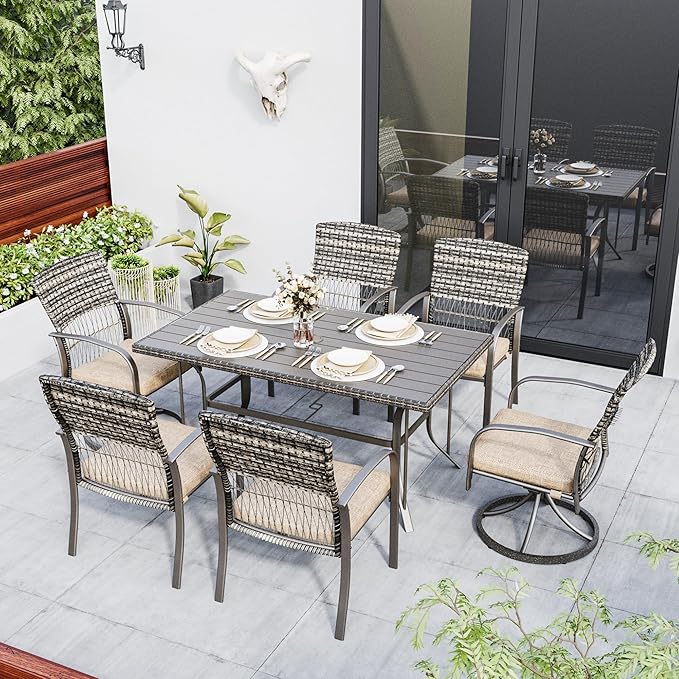 Pamapic 7 Piece Patio Dining Set for 6,Wicker Outdoor Furniture Set for Backyard Garden Deck Poolside with Iron Slats Table Top,4 Dining Chairs and 2 Swivel Rockers,Removable Cushions(Beige)