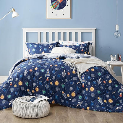 Kids Bedding Set for Boys, Twin Size 5 Pieces Space Themed Bed in a Bag, Super Soft Lightweight Microfiber Comforter Set with Sheets, Hotel Quality Durable Children Bed Set