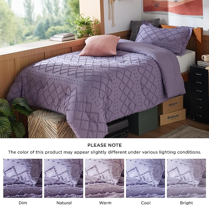 Bedsure Twin/Twin XL Comforter Set - Grayish Purple Boho Twin Extra Long Comforter Set for College, Shabby Chic Dorm Bedding Set, 2 Pieces Modern Farmhouse Bed Set, includes 1 Pillow Sham