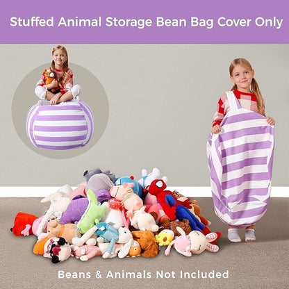 Aubliss Stuffed Animal Bean Bag Storage Chair (Purple/White Striped, Medium (32''))