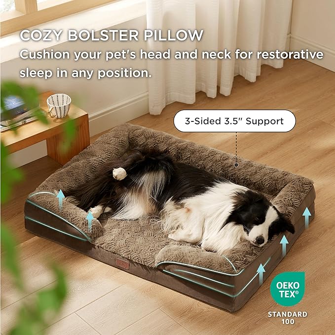 Bedsure Orthopedic Dog Bed for Large Dogs - Calming Dog Sofa Beds Large with Luxurious Plush, Big Pet Couch Bed with Removable Washable Cover, Waterproof Lining and Nonskid Bottom, Brown