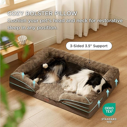 Bedsure Orthopedic Dog Bed for Large Dogs - Calming Dog Sofa Beds Large with Luxurious Plush, Big Pet Couch Bed with Removable Washable Cover, Waterproof Lining and Nonskid Bottom, Brown