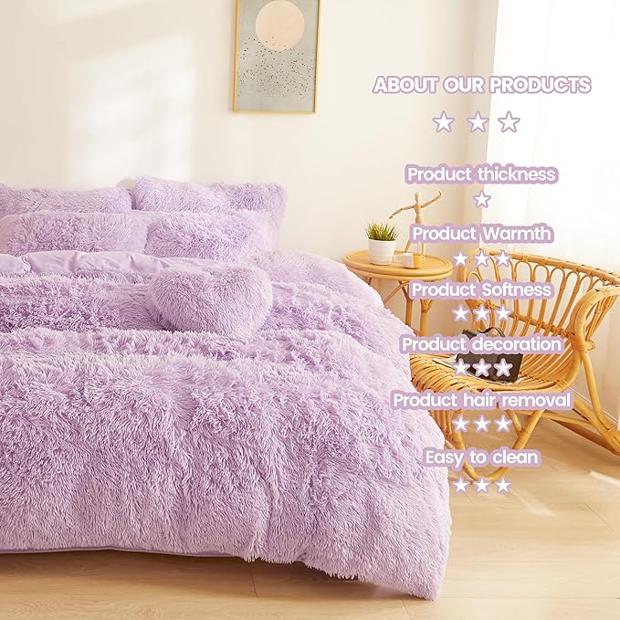 FOPPA Lilac fluffy Comforter Cover Set king- Ultra Soft fluffy lilac Bedding Sets 3 Pieces (1 Duvet Cover + 2 Pillow case) pink fluffy bed set (Lilac, King)