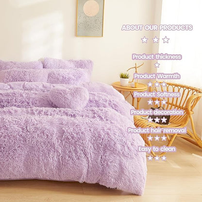 FOPPA Lilac fluffy Comforter Cover Set king- Ultra Soft fluffy lilac Bedding Sets 3 Pieces (1 Duvet Cover + 2 Pillow case) pink fluffy bed set (Lilac, King)