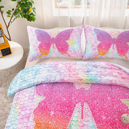 CVHOUSE Butterfly Bedding Set,Butterfly Comforter King,Butterfly Comforter Set for Girls Kids Teens,Butterflies Quilt Set with 1 Comforter and 2 Pillow Cases- 3 Piece