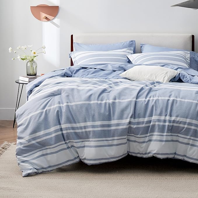 Bedsure King Comforter Set 7 Pieces, White Blue Striped King Bedding Set All Season Bed Set, Bed in a Bag King with Comforter, Sheets, Pillowcases & Shams