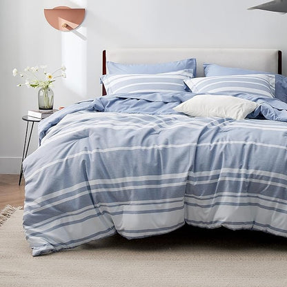 Bedsure King Comforter Set 7 Pieces, White Blue Striped King Bedding Set All Season Bed Set, Bed in a Bag King with Comforter, Sheets, Pillowcases & Shams