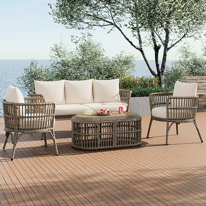 Furniture 4-Piece Outdoor Patio Conversation Seating for 5 Person and Coffee Table, Rattan Chair Wicker Sofa Bistro Sets for Porch, Backyard and Garden, Brown