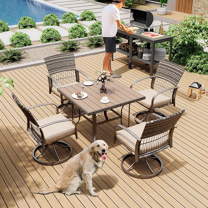 Pamapic 5 Piece Patio Dining Set for 4,Wicker Outdoor Furniture Set for Backyard Garden Deck Poolside with Square Plastic-Wood Table Top,4 Cushions Swivel Rocker Chairs,Removable Cushions(Beige)