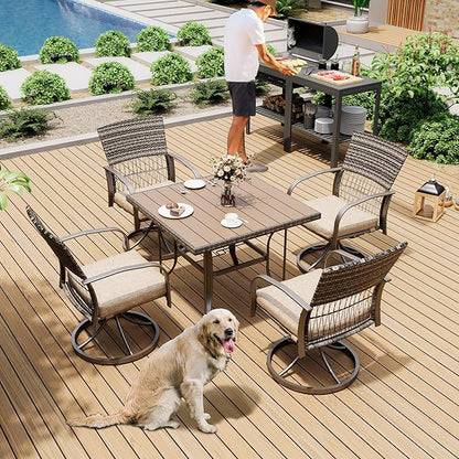 Pamapic 5 Piece Patio Dining Set for 4,Wicker Outdoor Furniture Set for Backyard Garden Deck Poolside with Square Plastic-Wood Table Top,4 Cushions Swivel Rocker Chairs,Removable Cushions(Beige)