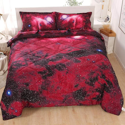 Wowelife 5-Piece Twin Comforter Set for Boys Space, Premium Galaxy Bedding Set Red, 3D Galaxy Comforter Set, Comfortable and Soft Kids Bedding Set