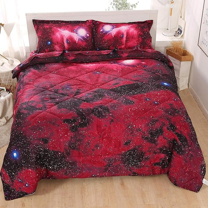 Wowelife Galaxy Bedding Sets for Boys and Girls 5-Piece Full, Premium Galaxy Bed in a Bag Red, 3D Galaxy Comforter Set, Comfortable and Soft Kids Bedding Set