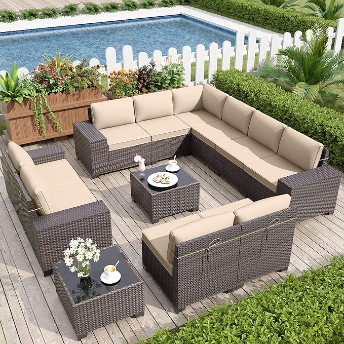 Patio Furniture Set Sofa 12-Pieces Wicker Sectional Sofa Set, Outdoor Furniture Rattan Patio Conversation Set with Thickened Cushions and Glass Coffee Table, Sand