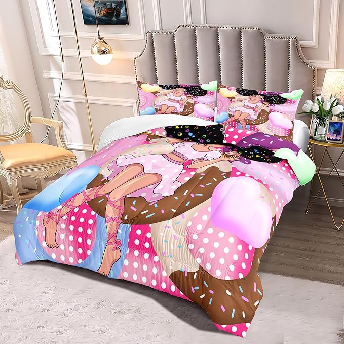 African American Girl Comforter Set Black Girl Comforter Set Princess Bedding with Donut Girl Prints Kids Comforter Sets Gifts for Girls Bedroom Decor Pink Full Size Quilt Sets with 2 Pillowcases