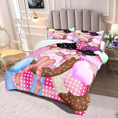 African American Girl Comforter Set Black Girl Comforter Set Princess Bedding with Donut Girl Prints Kids Comforter Sets Gifts for Girls Bedroom Decor Pink Full Size Quilt Sets with 2 Pillowcases