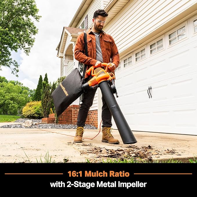 LawnMaster BV1210 Electric Blower Vacuum Mulcher 12 Amp 2-Speed Adjustment with Metal Impeller 240 MPH 380 CFM 16:1 Mulch Ratio
